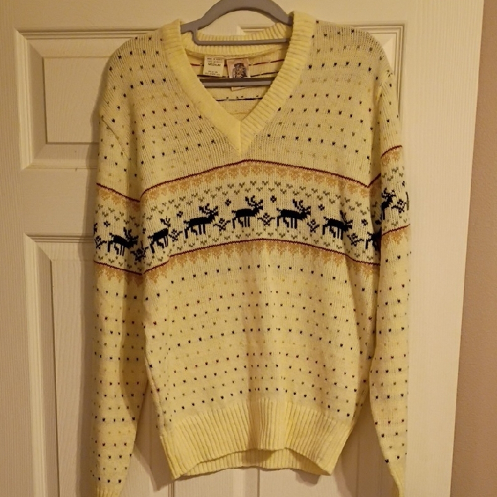Classic V-Neck Sweater with Reindeer Design